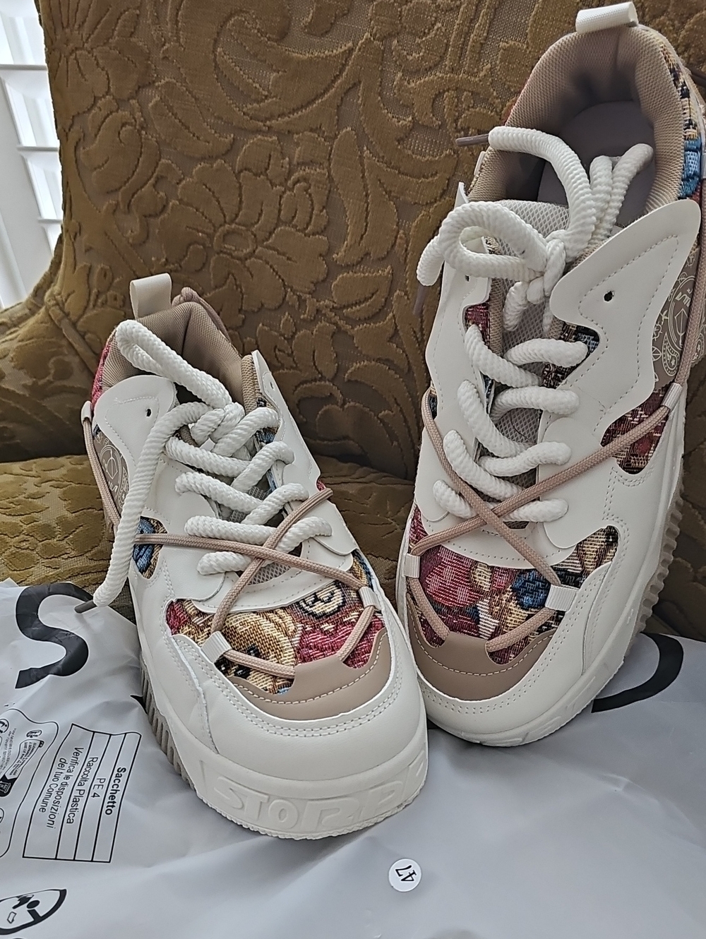 White Chunky Sneakers with Multicolor Floral Panels